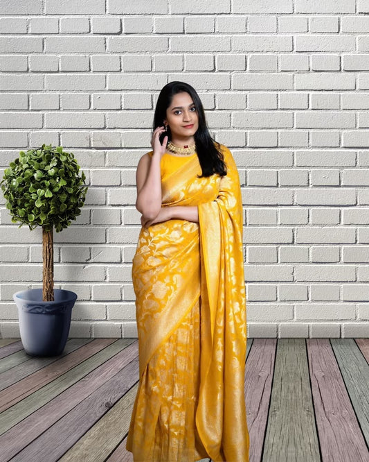 Yellow Color Soft Lichi Silk & Jacquard Weaving Work Saree