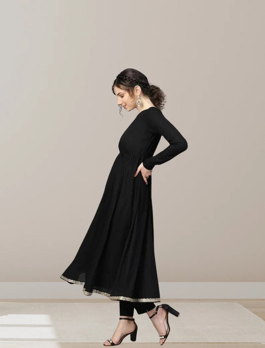 Black Pure Cotton Long Salwar Kameez With Dupatta