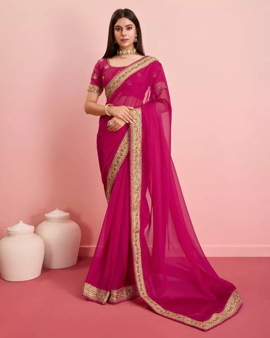 Tabby Silk Organza, Embroidery Lace Work Saree