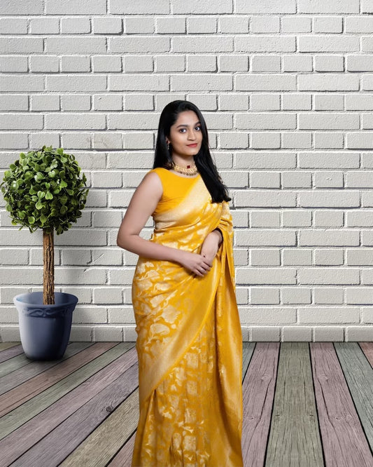 Yellow Color Soft Lichi Silk & Jacquard Weaving Work Saree