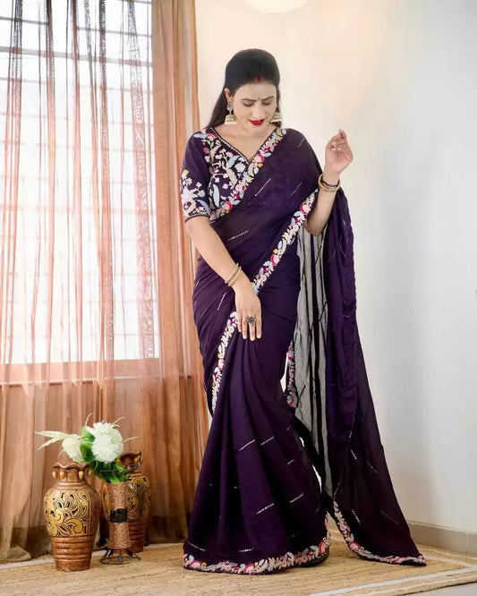 Heavy Glooming Rangoli Silk Embroidery Sequence Work Saree