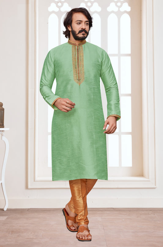 Men's  Art Silk Embroidery Work Kurta Pajama