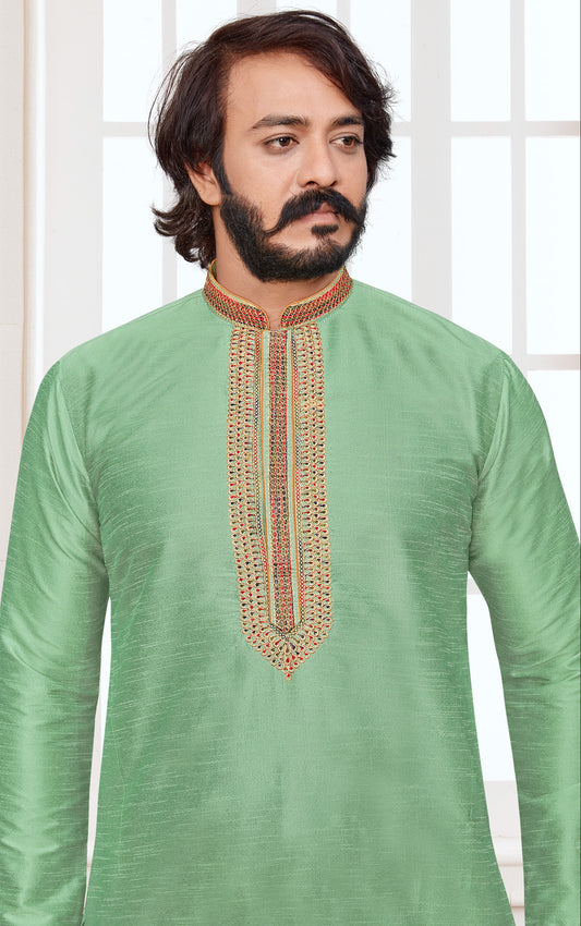 Men's  Art Silk Embroidery Work Kurta Pajama