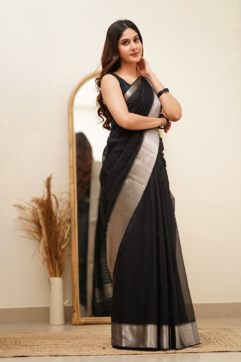 Black Banarasi Soft Silk Plain Saree with Unstitched Blouse