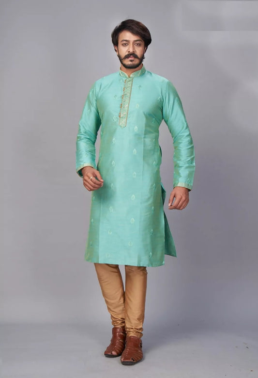 Pure Silk Jacquard Embroidery Work Kurta Pajama Set For Men's