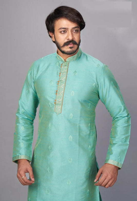 Pure Silk Jacquard Embroidery Work Kurta Pajama Set For Men's