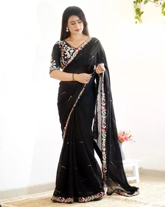 Black Heavy Glooming Rangoli Silk Saree Stitched Blouse