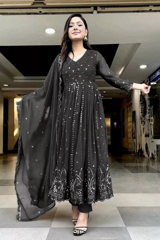 Black Faux Georgette With Embroidery Sequence Work Salwar Kameez Dupatta