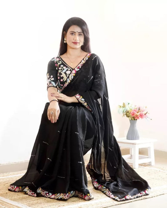 Black Heavy Glooming Rangoli Silk Saree Stitched Blouse