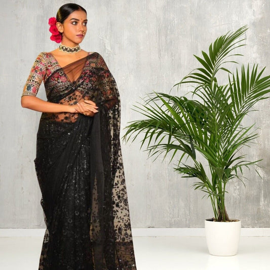 Black Soft Net With Embroidery Sequence Work Saree With Blose