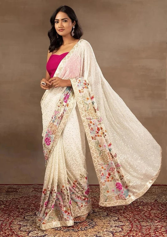 Faux Georgette Dual Sequence With Multi Color Embroidery Work Saree