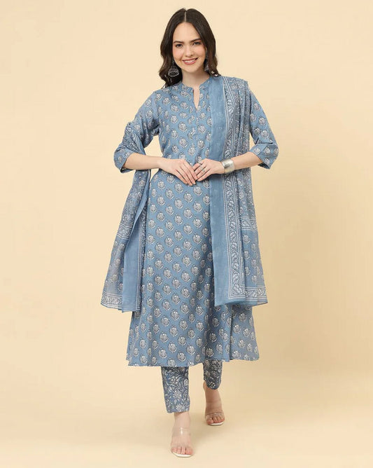 Women's Traditional Heavy Cotton Printed Kurta with Pant and Dupatta