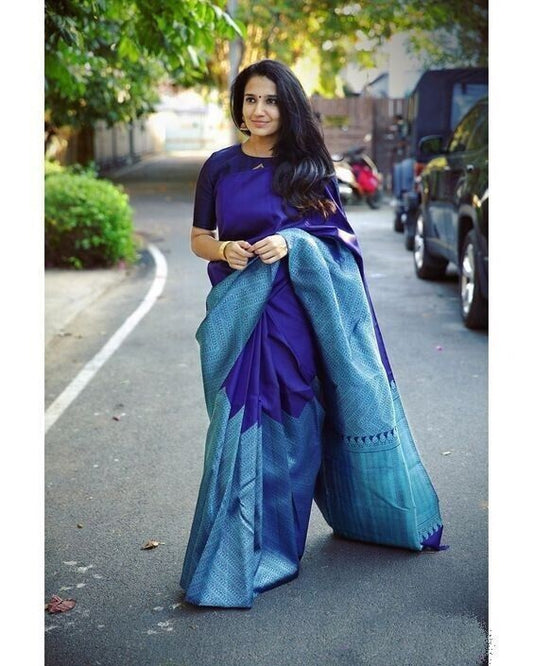 Blue Soft Lichi Silk Saree Heavy Sari