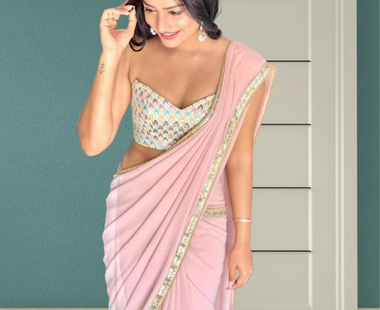 Plain Smooth Georgette Saree With Embroidery Work Blouse