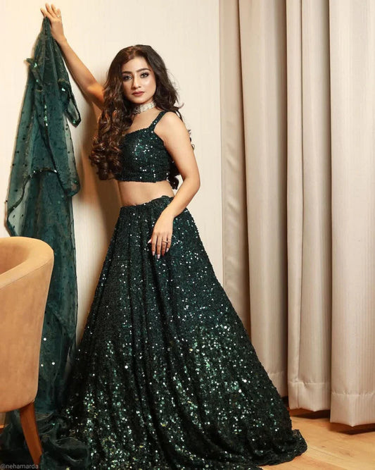 Taffeta Satin Silk Lehenga choli For women's, Dark Green Lehenga, Lehenga 15-HR18