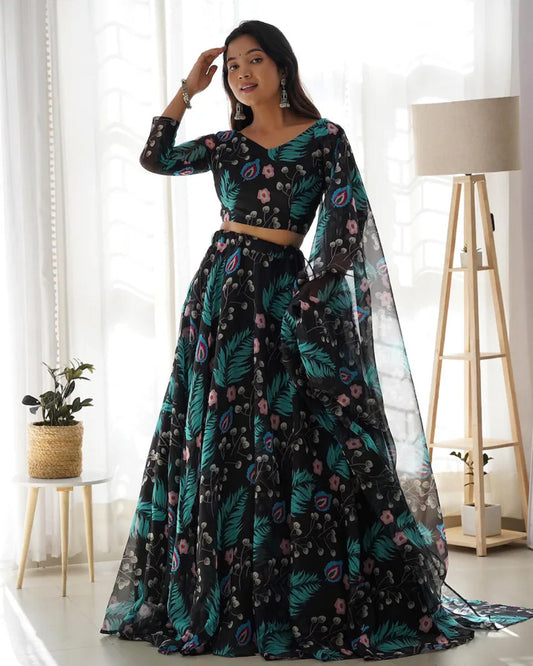 Women's Net Digital Print Lehenga Choli Indian Semi Stitched Lengha Choli 15-QRC13