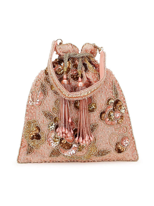 Dusky Pink & Gold Floral Embellished Faux Silk Potli Bag