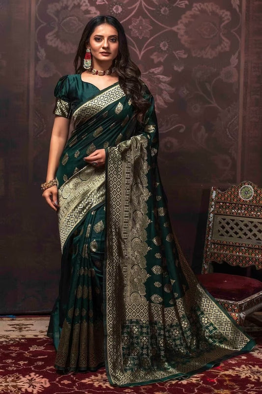 Green Banarsi Soft Silk & Jacquard Border Saree With Blouse