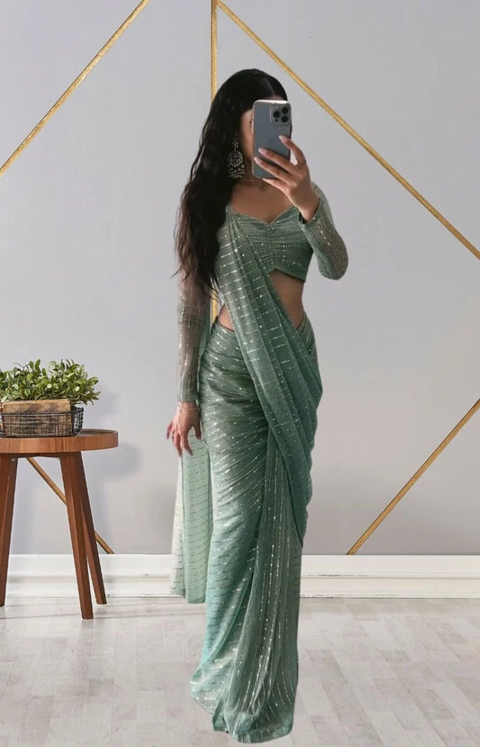 Mint Green Imported Premium Net Ready To Wear Saree