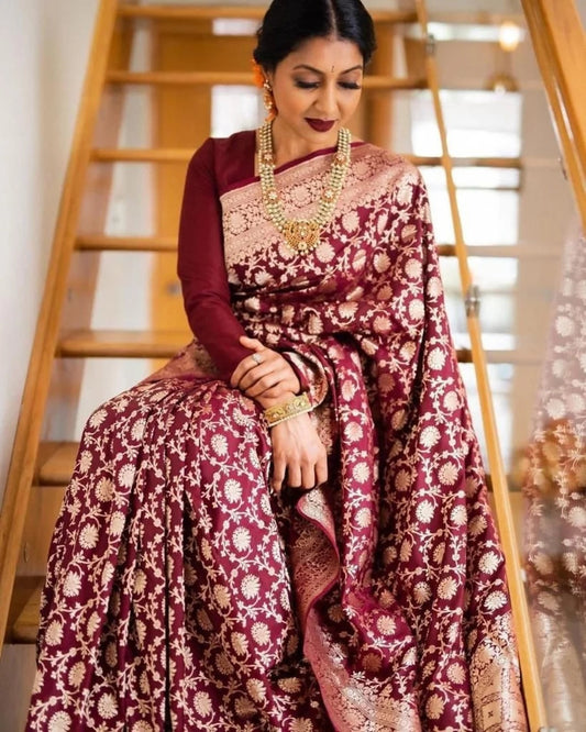 Maroon Soft Lichi Silk & Jacquard Work Saree With Blouse