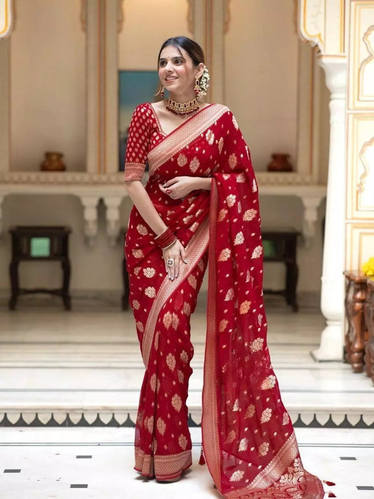 Red  Banarasi Soft Silk Saree With  Unstitched Blouse