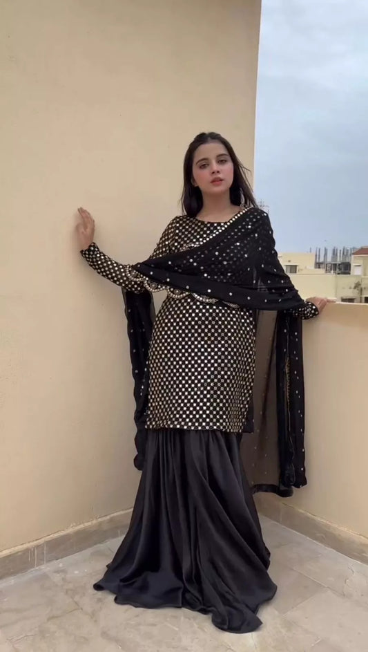 Pakistani Faux Georgette Top Sharara Dupatta