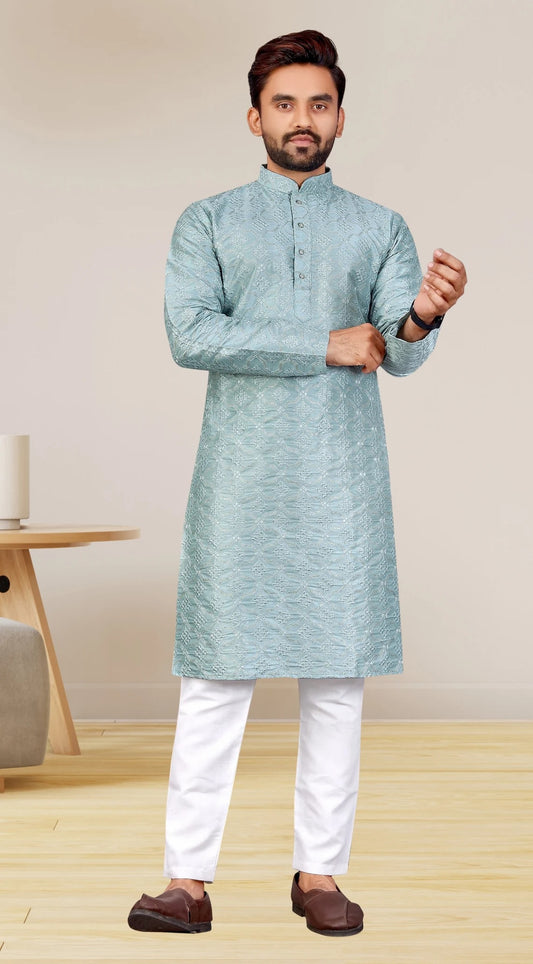 Pure Silk Blend With Embroidery Sequence Work Kurta Pajama Set