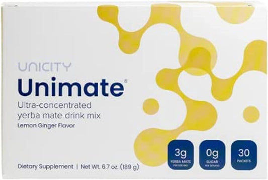 Unicity Unimate Lemon Ginger Supplement - 30 Pouches | Boost Energy & Focus, Natural Ingredients