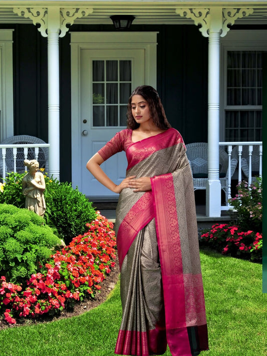 Soft Lichi Silk & Jacquard Waving Work Sarees With Blouse