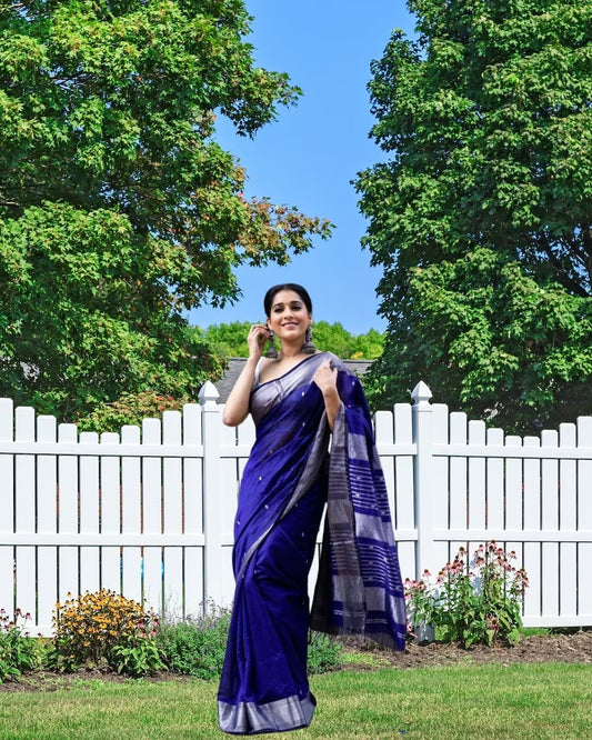 Royal Blue Soft Lichi Silk & Jacquard Saree With Blouse