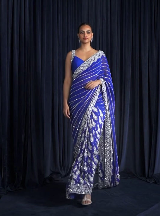 Blue Faux Georgette Saree With Blouse