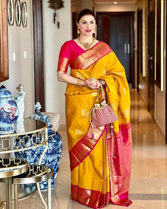 Yellow Soft Lichi Silk Jacquard Work  Saree