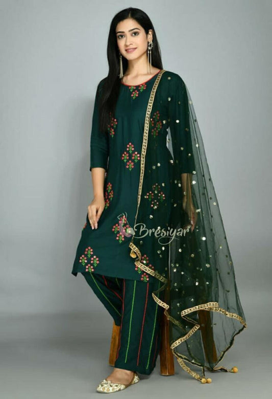 Heavy Rayon Cotton Embroidery Work Salwar Kameez With Dupatta