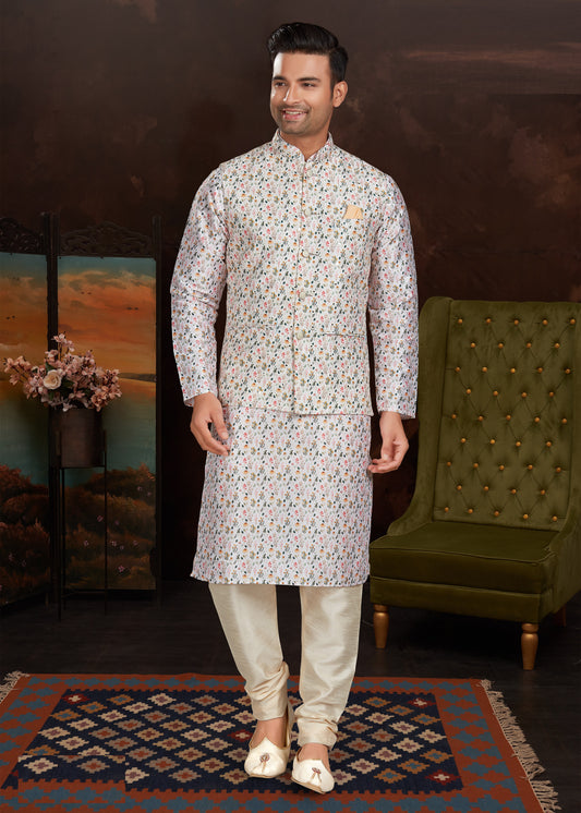 Malai Silk Kurta Pajama With Jacket Set For Men's