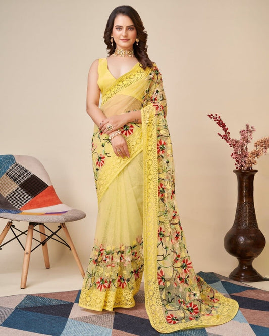 Soft Net With Embroidery Design Work Saree With Blouse