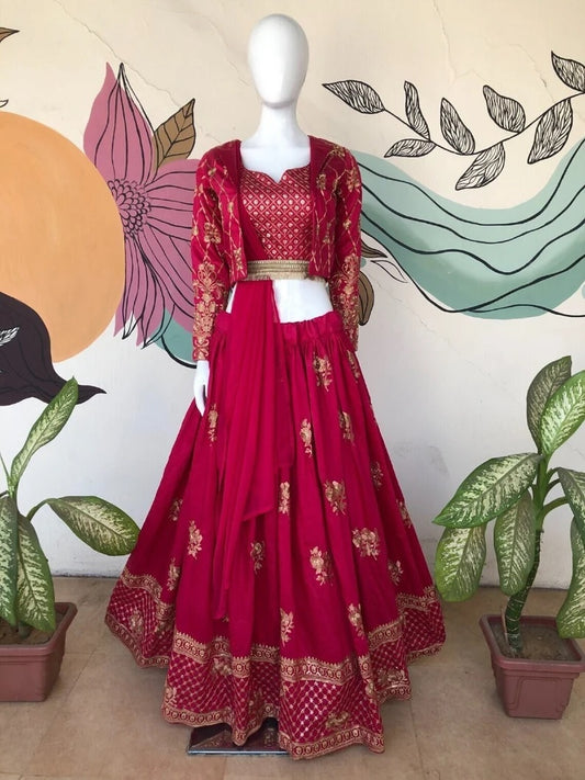 Heavy Chanderi Cotton Embroidery Sequence Work Lehenga Blouse & Dupatta