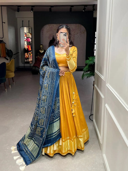 Gaji Silk With Lagdi Patta Work Lehenga Blouse Dupatta