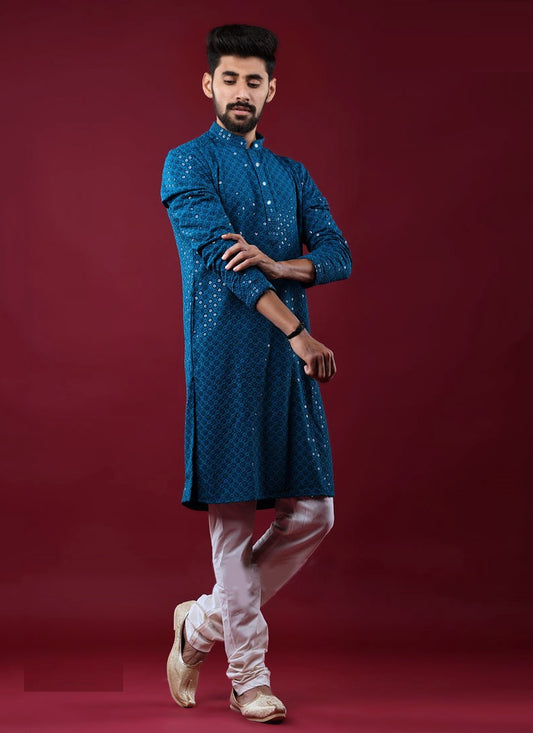 Reyon Chikankari, Sequence Work Kurta Pajama Set Men's