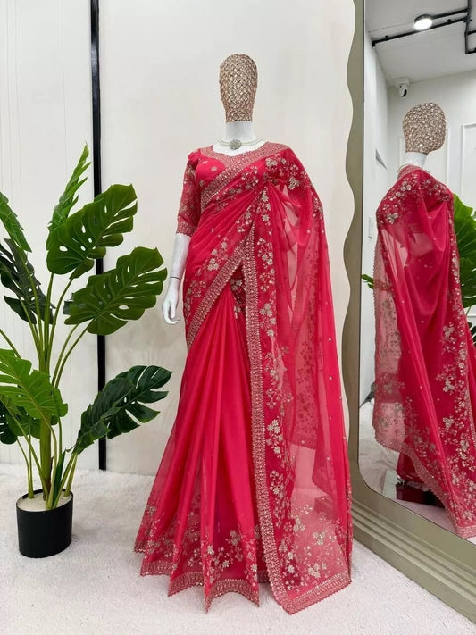 Pure Soft Rangoli With Embroidery Sequence And Zari Work Saree & Blouse