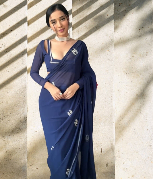 Premium Georgette & Beautiful Embroidery Work Ready To Wear Saree