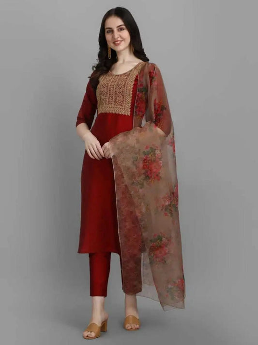 Silk Blend Beautiful Embroidery Work Kurti Pant With Dupatta