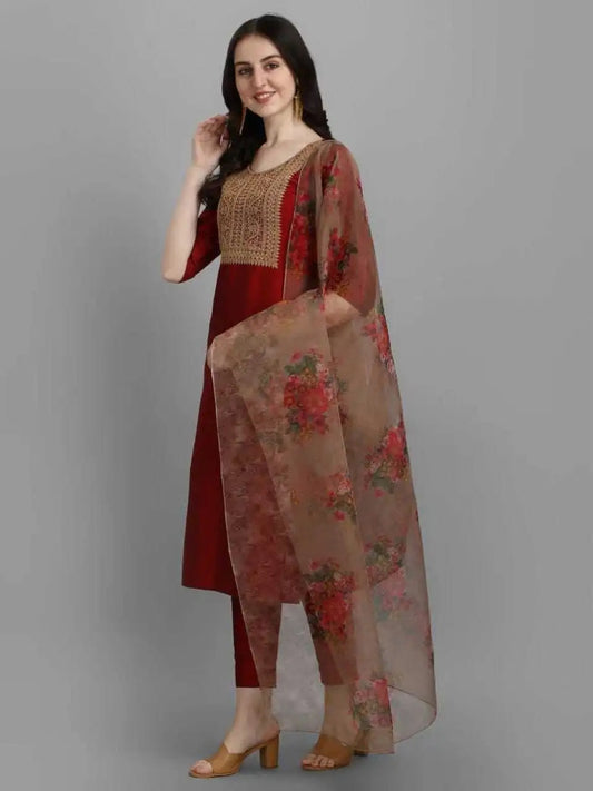 Silk Blend Beautiful Embroidery Work Kurti Pant With Dupatta