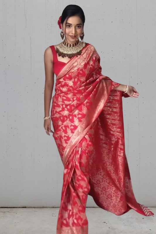 Red Soft Lichi Silk Jacquard Waving Work Saree With Blouse