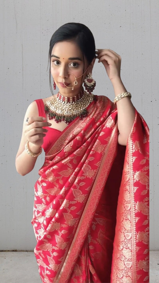 Red Soft Lichi Silk Jacquard Waving Work Saree With Blouse