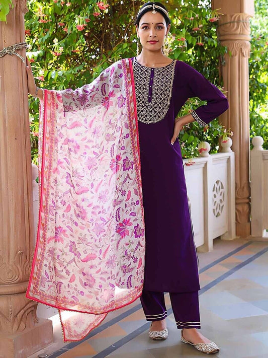 Eggplant Rayon Slub With Embroidery Work Kurti Bottom & Dupatta