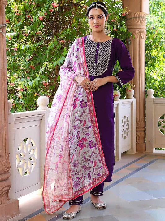 Eggplant Rayon Slub With Embroidery Work Kurti Bottom & Dupatta