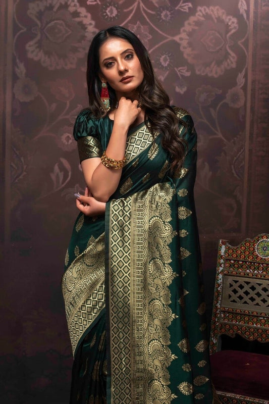 Green Banarsi Soft Silk & Jacquard Border Saree With Blouse