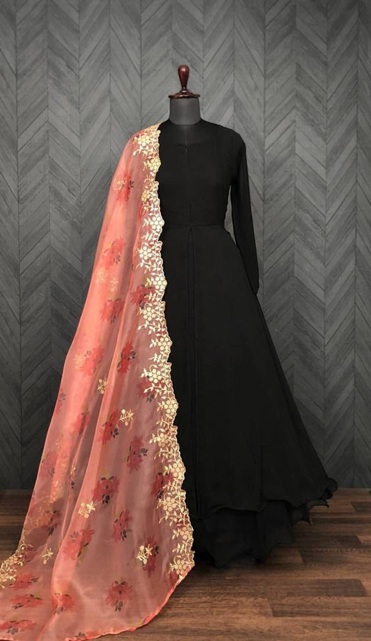 Black Faux Blooming Long Gown Dress With Dupatta
