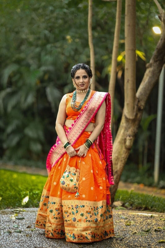 Orange Silk Paithani Weaving Zari Work Lehenga