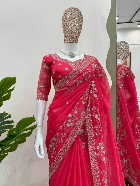 Pure Soft Rangoli With Embroidery Sequence And Zari Work Saree & Blouse